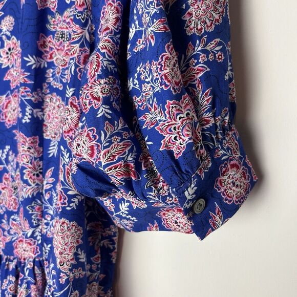 LOFT Dress Womens 12 Blue Floral Print Puff Sleeve Midi Scoop Neck​ - Picture 6 of 9